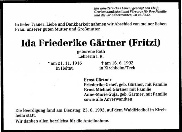 Roth Ida Friederike 1916-1992 Todesanzeige